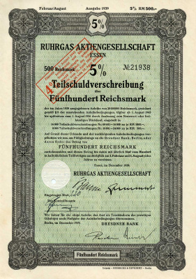 Германия 500 рейхсмарок 1939 Акционерное общество Рургас Эссен, 5% -ное частичное долговое обязательство с маркой конвертации под 4% -ную процентную ставку, облигация   бумага  8804-15-1