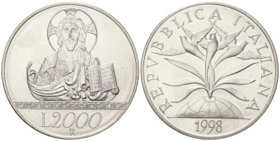 Италия 2000 лир 1998 R, Миллениум - Вера, тираж 36.300 экземпляров KM 195 серебро BU 1529-1243