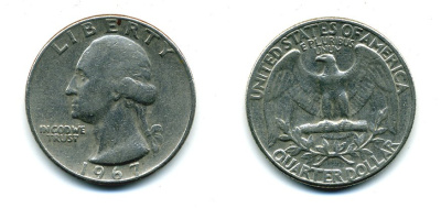 США 25 центов (квотер) 1967 Вашингтон KM 164a медь плакированная медно-никелем 46-1913