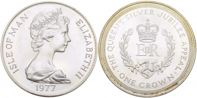 Остров Мэн 1 крона 1977 Серебряный юбилей правления королевы Елизаветы II KM 42a серебро UNC 01-173-41