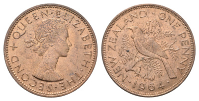 Новая Зеландия 1 пенни 1964 Елизавета II (1952-2022), новозеландский туи KM 24.2 бронза aUNC 4587-1126