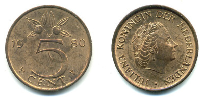 Нидерланды 5 центов 1980 Юлиана (1948-1980) KM 181 бронза 76-454