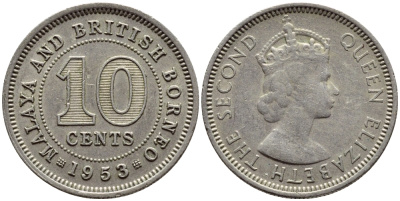 Малайя и Британское Борнео 10 центов 1953 Елизавета II (1952-2022) KM 2 медно-никель 4392-1138