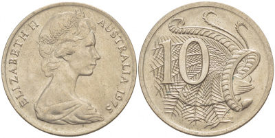 Австралия 10 центов 1975 Елизавета II (1952-), птица лирахвост KM 65 медно-никель UNC 4539-1114