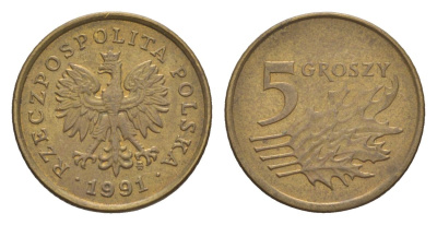Польша 5 грошей 1991 Y 278 марганец латунь 4625-318