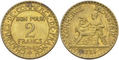 Франция 2 франка 1925 тип Chambre de commerce KM 877, Le Franc 267.7 алюминиевая бронза 3460-531