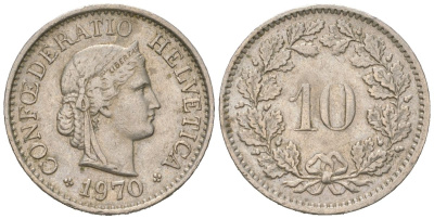 Швейцария 10 раппенов 1970 KM 27 медно-никель aUNC 4618-163
