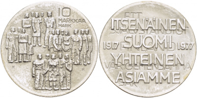Финляндия 10 марок 1977 K-H, 60 лет независимости (1917-1977) KM 55 серебро UNC 1515-1423