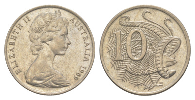 Австралия 10 центов 1969 Елизавета II (1952-2022), птица лирахвост KM 65 медно-никель 4364-4514