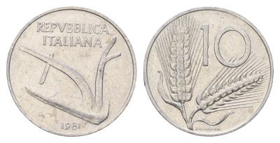 Италия 10 лир 1981 R, колосья, плуг KM 93 алюминий 186-933
