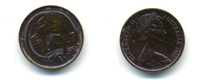 АВСТРАЛИЯ 1 ЦЕНТ 1966 ЕЛИЗАВЕТА II, МОЛОДОЙ ПОРТРЕТ, ОПОССУМ КМ 62 бронза 56-836