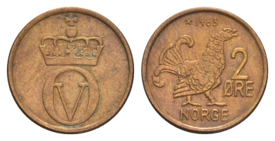 Норвегия 2 эре 1963 Улаф V (1957-1991) KM 410 бронза 4635-341