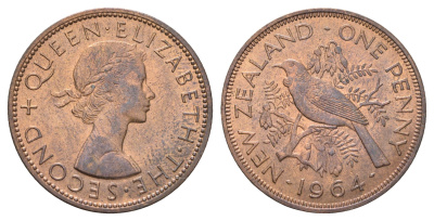 Новая Зеландия 1 пенни 1964 Елизавета II (1952-2022), новозеландский туи KM 24.2 бронза aUNC 4587-835