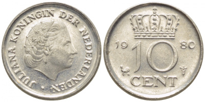 Нидерланды 10 центов 1980 Юлиана (1949-1980) KM 182 никель 112-353