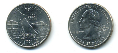 США 25 центов = квотер D, серия штаты США, Род-Айленд KM 320 медь плакированная медно-никелем 4388-752