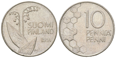 Финляндия 10 пенни 1991 KM 65 медно-никель aUNC 4617-1259