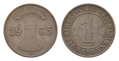 Германия 1 рейхспфенниг 1935 J KM 37, J. 313 бронза 4636-411