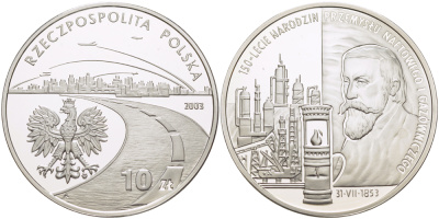 Польша 10 злотых 2003 MW, 150 лет газовой и нефтяной промышленности, самолет, вертолет KM 469 серебро PROOF 1080-9-63