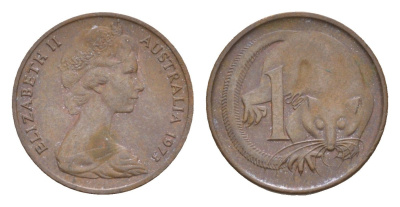 Австралия 1 цент 1973 Елизавета II (1952-2022), молодой портрет, опоссум KM 62 бронза 4655-1213
