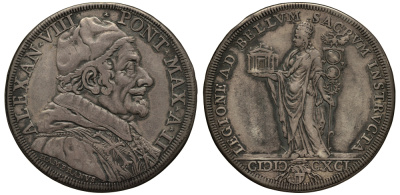 Ватикан 1 пиастр A I/1690 Александр VIII, фигура понтифика с храмом и папским посохом Dav. 4100, Muntoni 11 серебро 10-005-45