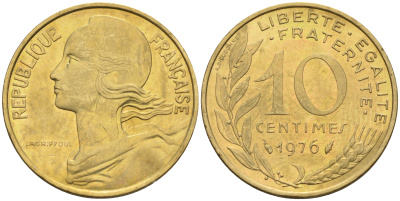 Франция 10 сантимов 1976 тип Марианна KM 929 медь алюминий никель 4594-1163