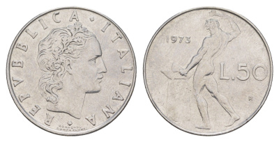 Италия 50 лир 1973 R, бог огня Вулкан у наковальни KM 95.1 нержавеющая сталь 4551-1023