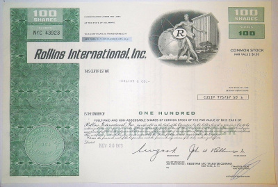 США, ROLLINS INTERNATIONAL, INC. 100 акций 1973 бумага 00-00