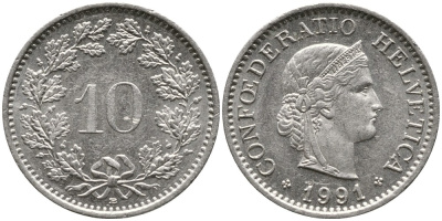 ШВЕЙЦАРИЯ 10 РАППЕНОВ 1991 В KM 27 медно-никель 4539-533