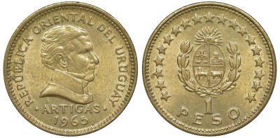 Уругвай 1 песо 1965 KM 46 алюминиевая бронза 36-351