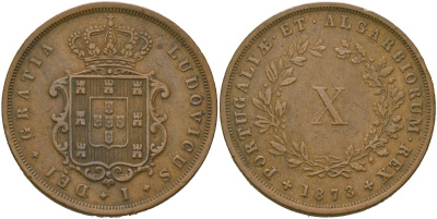 Португалия 10 реалов (рейсов) 1873 Луиш I (1861-1889) KM 514 бронза 4587-812