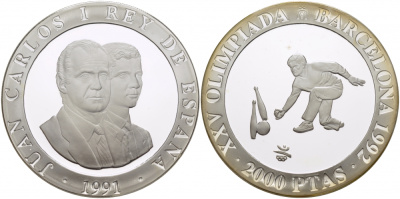Испания 2000 песет 1991 XXV летние Олимпийские игры 1992 года в Барселоне, кегли KM 890 серебро PROOF 04-092-24