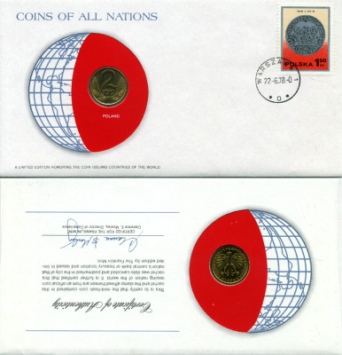 ПОЛЬША 2 ЗЛОТЫХ 1978 конверт с маркой первого дня гашения, Coins of Nations KM 80.1 латунь UNC 4294-48-3