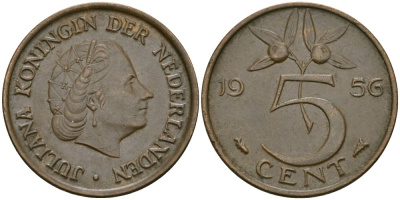 Нидерланды 5 центов 1956 Юлиана (1948-1980) KM 181 бронза 4579-617