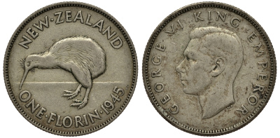Новая Зеландия 1 флорин 1945 Георг VI (1936-1952), птичка киви KM 10.1 серебро 272-1622