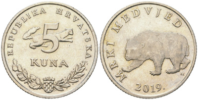 Хорватия 5 кун 2019 бурый медведь KM 11 медь цинк никель BU 4574-925