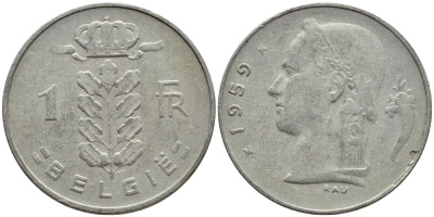 БЕЛЬГИЯ 1 ФРАНК 1959 BELGIE KM 143.1 медно-никель 4395-452