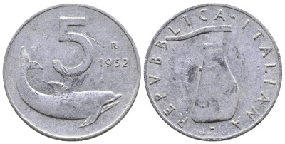 ИТАЛИЯ 5 ЛИР 1952 R, РУЛЬ, ДЕЛЬФИН KM 92 алюминий 51-2455
