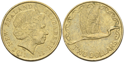 Новая Зеландия 2 доллара 2011 Елизавета II (1952-2022), большая белая цапля KM 121 алюминиевая бронза 79-231