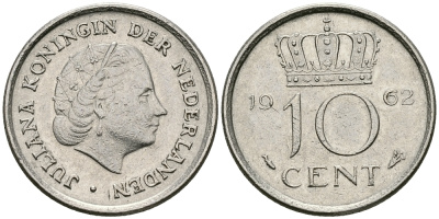 НИДЕРЛАНДЫ 10 ЦЕНТОВ 1962 ЮЛИАНА KM 182 никель 96-429