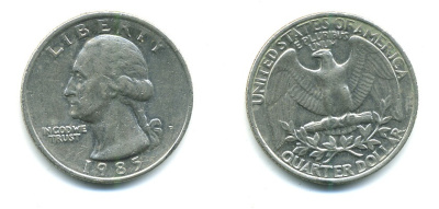 США 25 ЦЕНТОВ = КВОТЕР 1985 ВАШИНГТОН KM А164а медь плакированная медно-никелем 36-823