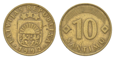 Латвия 10 сантимов 1992 KM 17 никель латунь 105-754