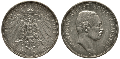 Саксония 3 марки 1909 Е, Фридрих Август III (1904-1918) Weege 132, J. 135, KM 1267 серебро 3711-1324