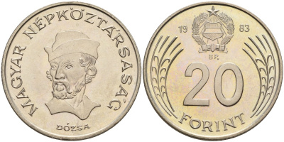 Венгрия 20 форинтов 1983 Дьёрдь Дожа KM 630 медно-никель BU 4150-543