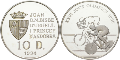 Андорра 10 динеров 1994 XXVI Олимпийские игры 1996 года велоспорт KM 95 серебро PROOF 1074-3-43
