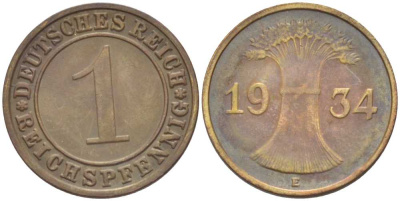 ГЕРМАНИЯ 1 РЕЙХСПФЕННИГ 1934 E KM 37, J. 313, Weege 2 бронза 206-844