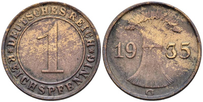 ГЕРМАНИЯ 1 РЕЙХСПФЕННИГ 1935 G KM 37, J. 313, Weege 2 бронза 4547-223