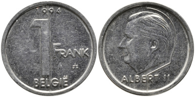 БЕЛЬГИЯ 1 ФРАНК 1994 BELGIE, АЛЬБЕРТ II (1993-) KM 188 железо плакированное никелем 99-1247