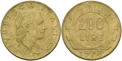 Италия 200 лир 1978 R, шестерня KM 105 алюминиевая бронза 4171-942