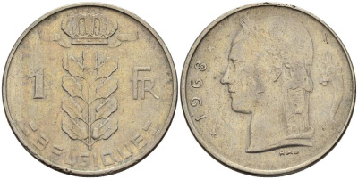 БЕЛЬГИЯ 1 ФРАНК 1968 BELGIQUE KM 142.1 медно-никель 4546-455