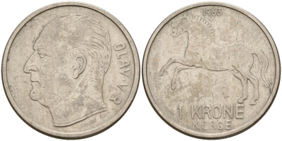 Норвегия 1 крона 1963 Улаф V (1958-1991), лошадь KM 409 медно-никель    4601-1036
